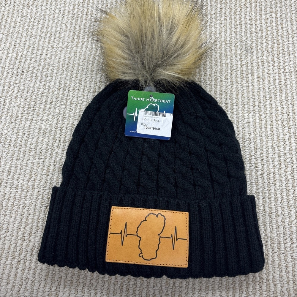 NWT The HeartBeat Brand Featuring Lake Tahoe Outline Ski Knit Beanie Pom